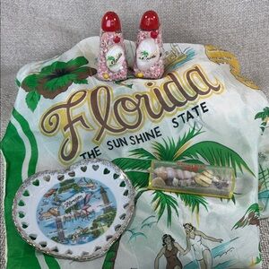 Vintage 1970s Florida Souvenir Bundle-Scarf, Plate, Shell Shakers & Daytona Sand